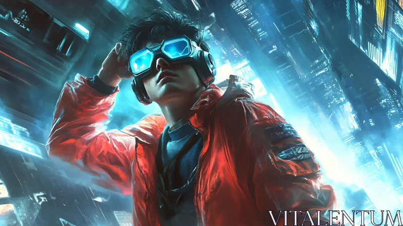 Neon city dreamer in glowing goggles and bright red jacket.