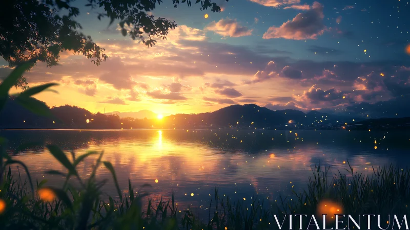 Digital lake horizon captures low sun and reflective water