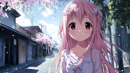 Pink haired anime girl walks under gentle cherry blossoms