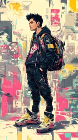 Neon city drifter in streetwear glow and glitchy graffiti haze.