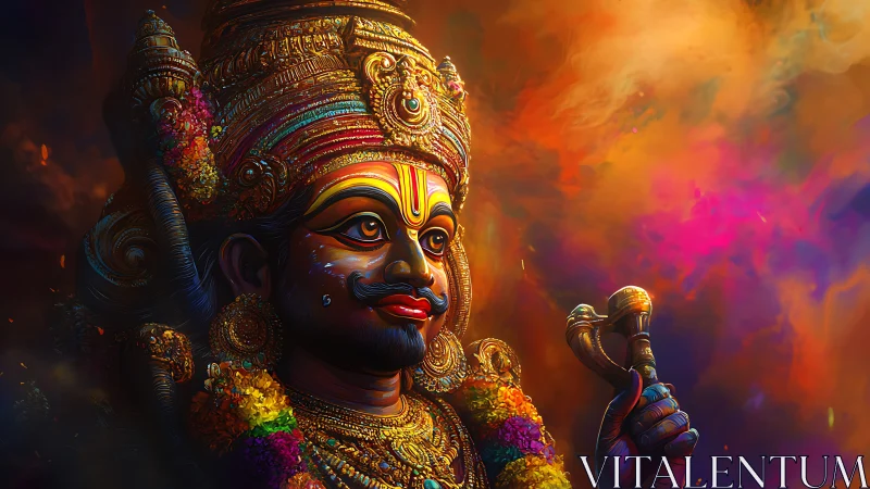 Divine warrior idol in luminous multicolor digital rendering.