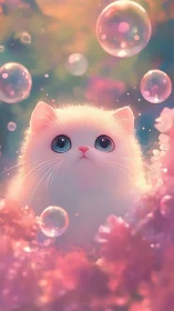 White Cat in Bubble-Filled Dreamscape Environment.