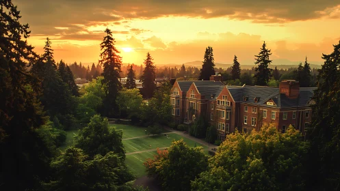 Sunlit college campus nestles within tranquil evergreen forestscape