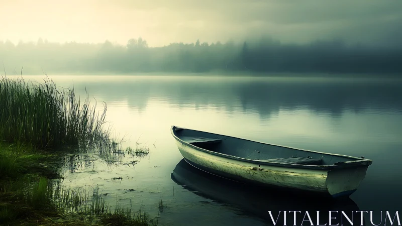 Quiet rowboat rests softly on a misty, glass-still lake