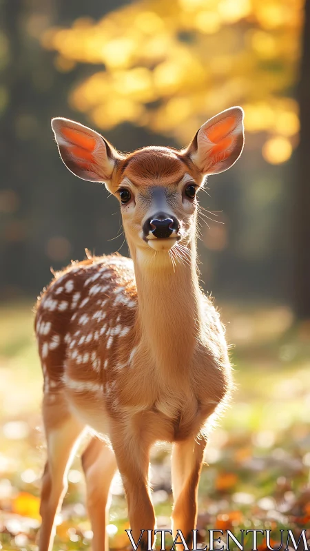 Autumn backlit fawn standing alert in soft forest glow.