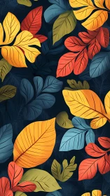 Multicolored stylized leaves on dark background pattern.