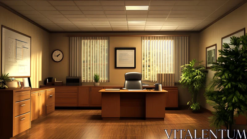 Symmetrical executive office interior with warm wood finishes