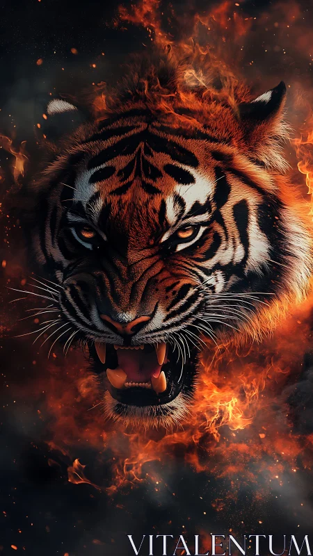 Digital painting of roaring tiger head engulfed in fire.