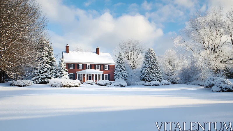 Colonial residence in symmetric snow-laden winter landscape.
