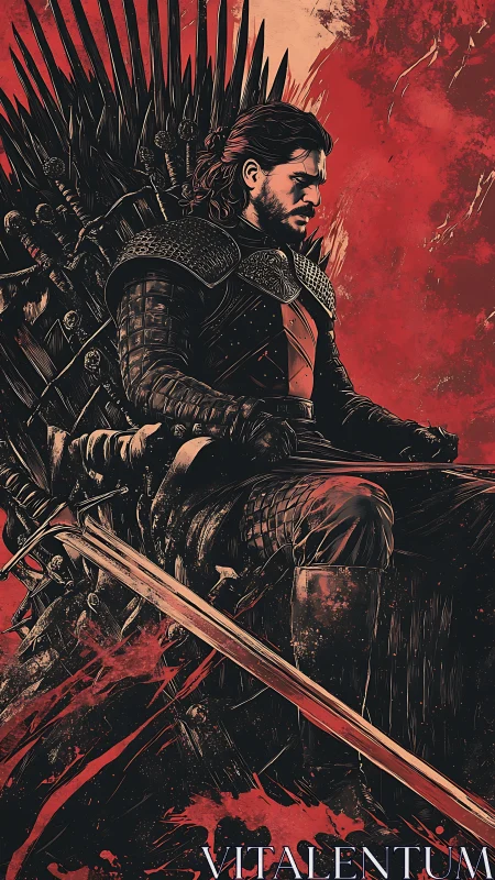 Brooding armored king sits on spiked throne amid crimson storm