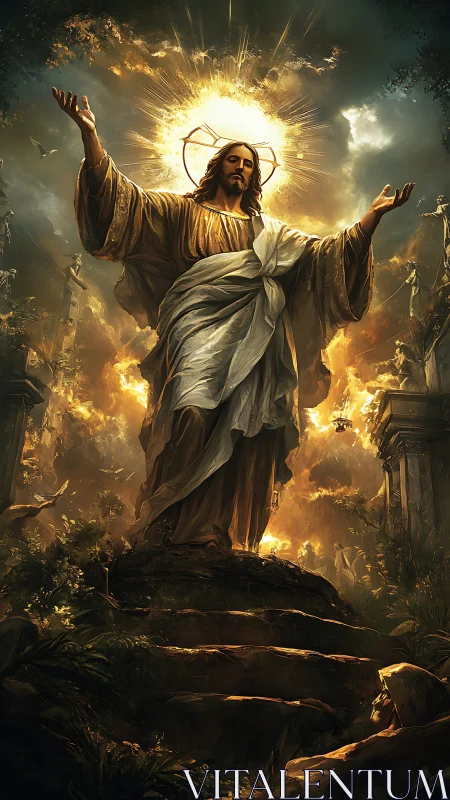 Radiant robed savior rises in golden storm of divine light