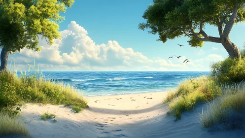 Sunlit dune pathway opening toward calm turquoise sea.