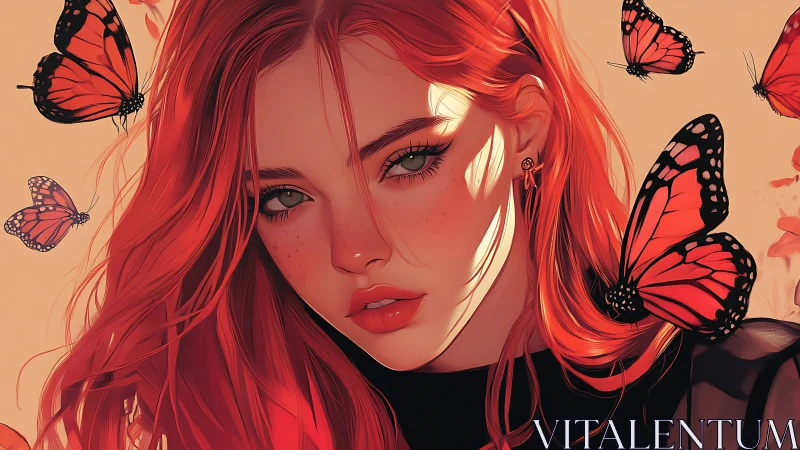 Radiant red haired girl meets gentle monarch butterflies softly