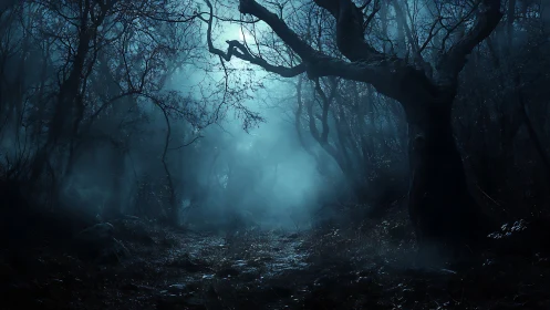 Dark misty forest path under eerie blue moonlight night.