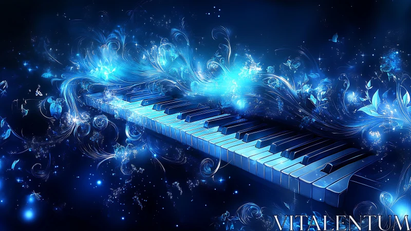 Glowing blue piano keys with swirling magical light effects.
