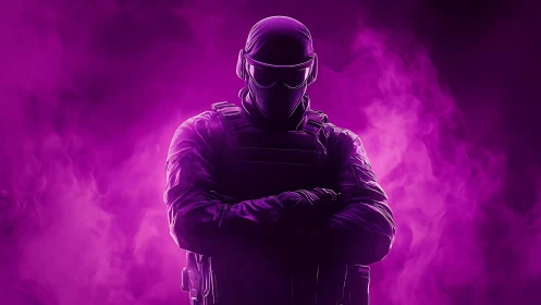Tactical operator silhouette in magenta vapor backlit field