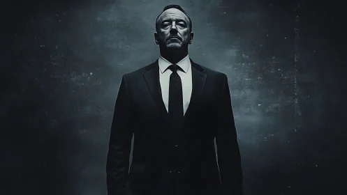 Monochrome corporate sentinel under low key cinematic lighting.