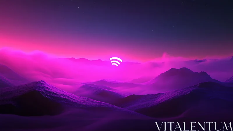 Neon gradient landscape with central streaming icon emblem.