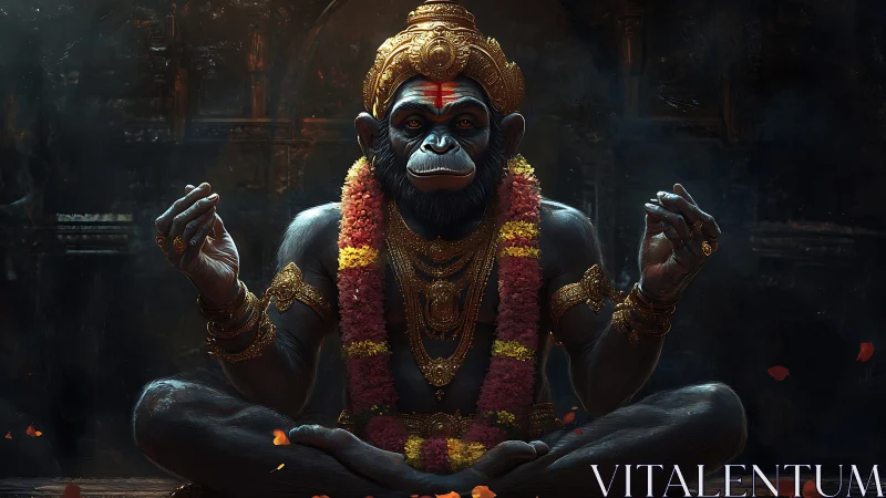 Divine monkey sage in lotus pose with gold ornaments