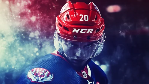Intense ice hockey portrait under dramatic arena lights.