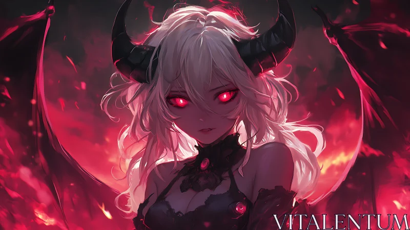 Demonic anime succubus in crimson backlight with glowing eyes