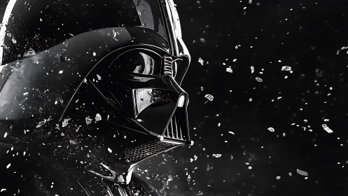 Black armored sci fi villain helmet emerges through drifting debris