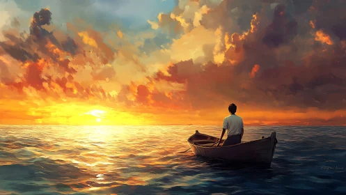 Solitary dreamer rows toward molten horizon of painted sky