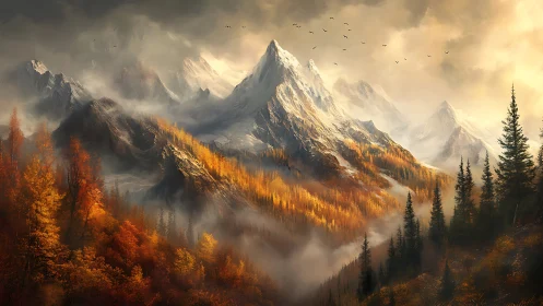 Autumn-lit mountain spires trade whispers with wandering mist
