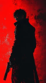 Cinematic red-backlit gunman in noir silhouette composition.