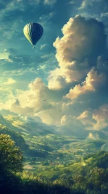 Hot air balloon drifts above sunlit valley and cloud towers