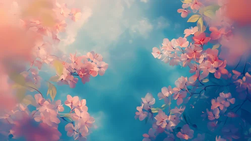 Soft pastel cherry blossoms frame tranquil spring sky