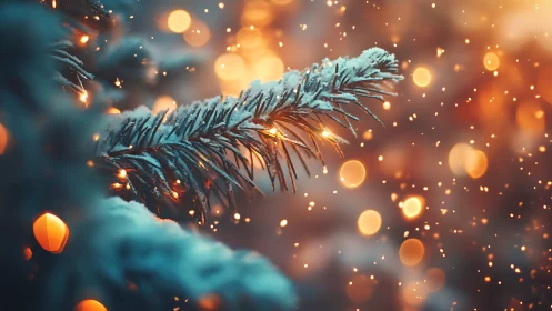 Snow-dusted fir branch illuminated by warm defocused bokeh lights