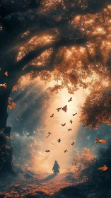 Solitary figure beneath illuminated forest canopy path.