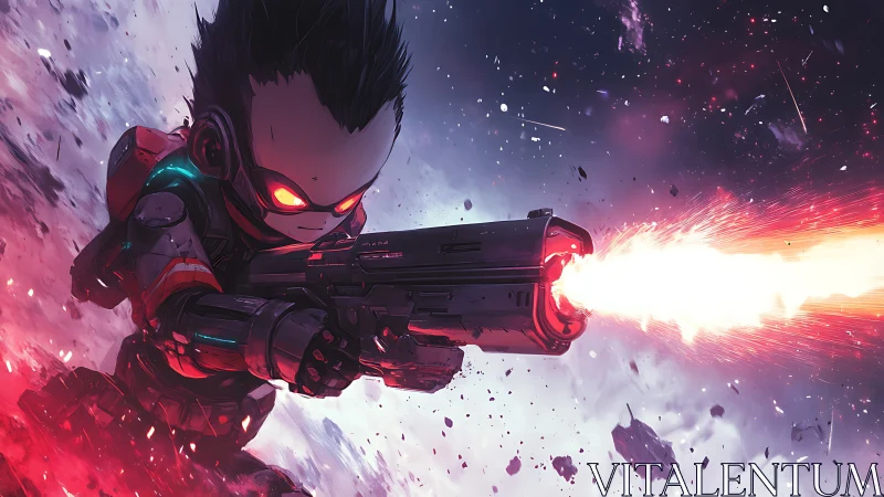 Cyberpunk chibi space-commando with high-energy plasma cannon.