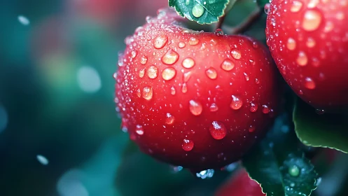 Macro study of dew-covered red apples in cool bokeh field.