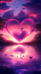 Luminescent Heart Wings Float Across Twilight Lake.