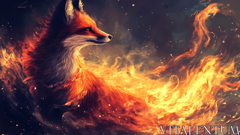 Digital illustration of fox figure merging with swirling fire.