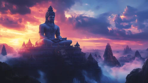 Colossal meditative statue crowns misty temple skyline.