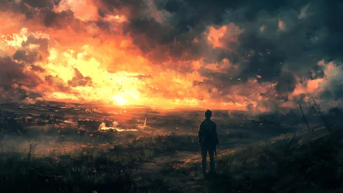 Fiery sunset sky welcomes a lone traveler on a quiet hill