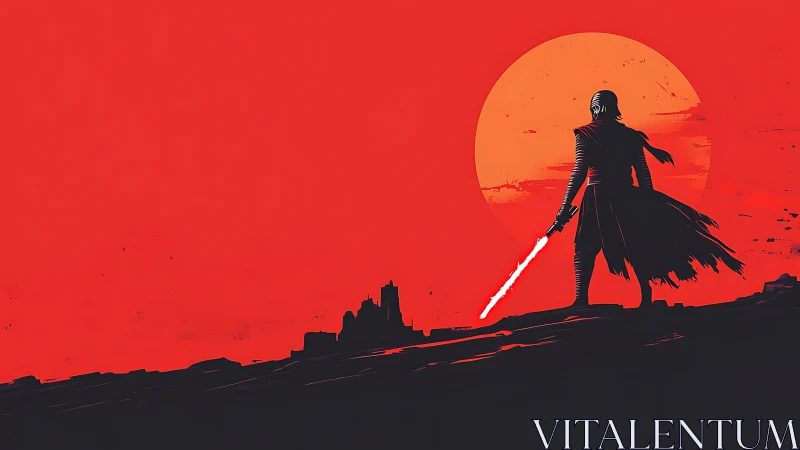 Dark warrior silhouette dominates red sun battlefield