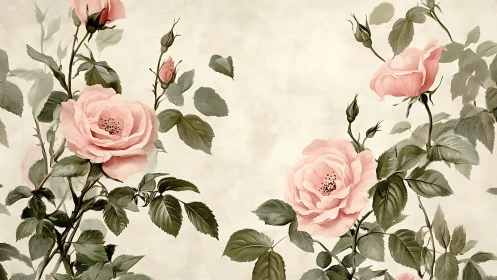 Soft pink garden roses bloom against muted vintage ground