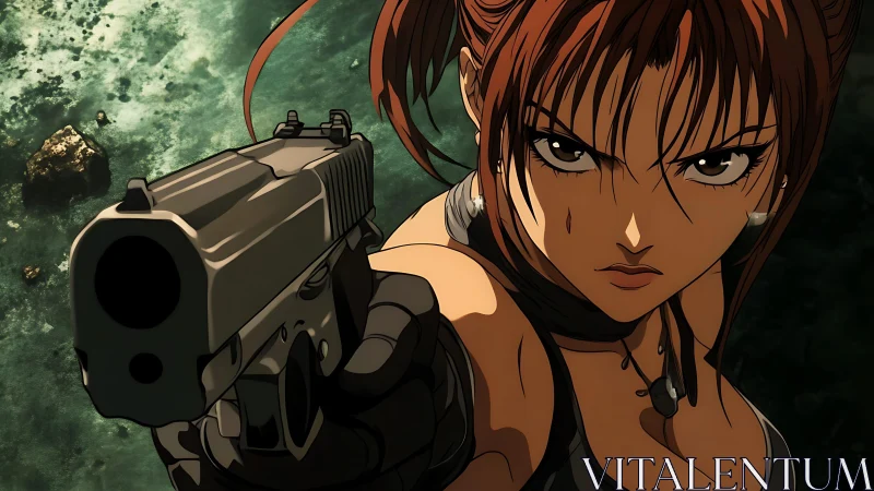 Gun-wielding heroine in tense close-quarters perspective shot.