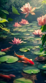 Koi glide beneath lotus blooms in sunlit reflective pond.