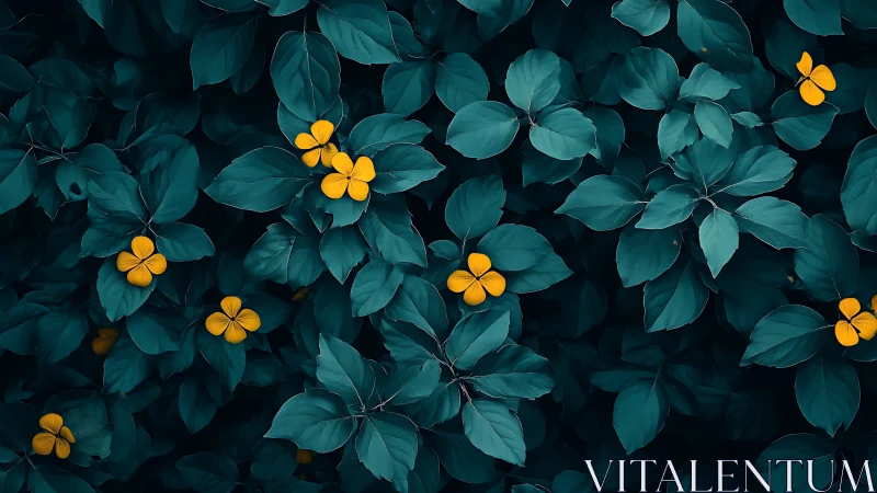 Teal foliage envelopes scattered yellow four-petal flowers in contrast