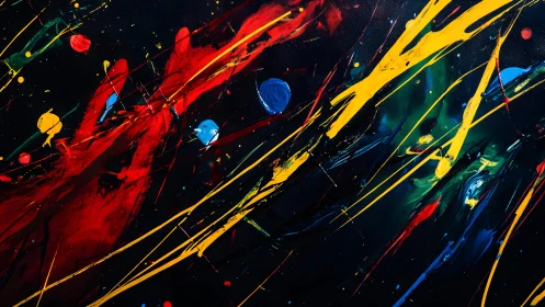 Dynamic abstract painting with bold splashes of red, yellow, and blue.