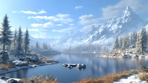 High-latitude alpine lake with frosted conifers and craggy peaks
