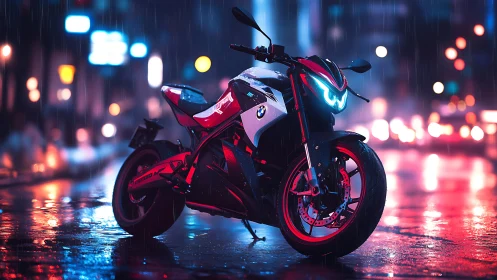 Neon storm rider: electric street bike in cyberpunk rain.