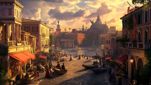 Sunlit canal city glows with timeless evening bustle.