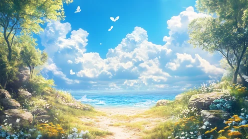 Luminous coastal glade opens toward a radiant, cloud-dense sea