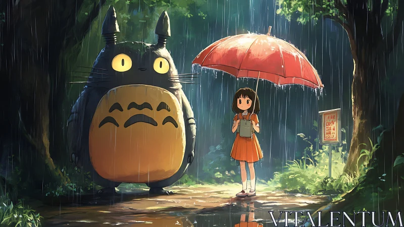 Girl and large forest creature stand in rain under umbrella